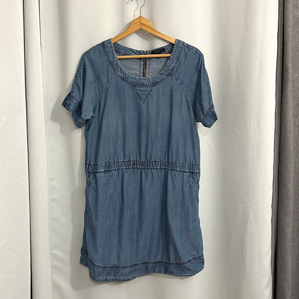J.Crew Chambray Dress Womens M Blue Shift Pockets Casual Beech Coverup
